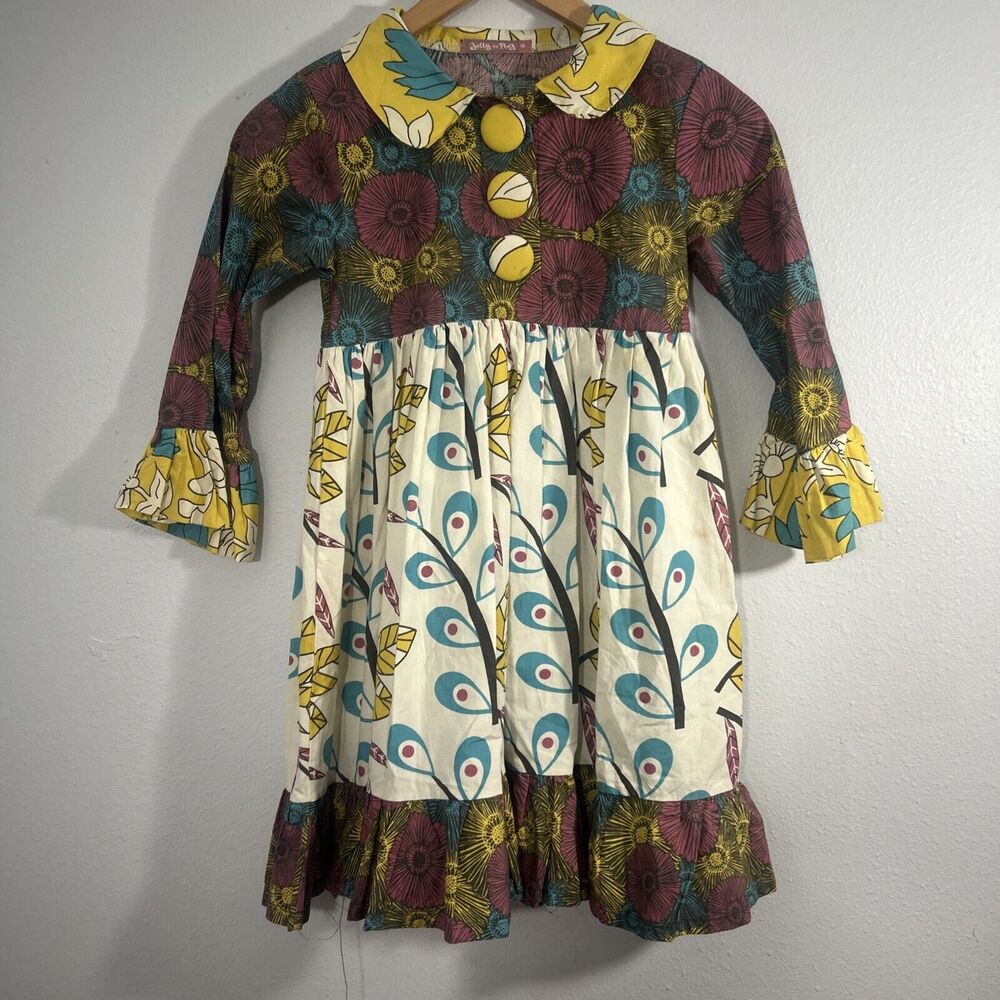 Jelly The Pug Dress Girls 10 Multi Color Maple Lily Flare Sleeve Accent Button